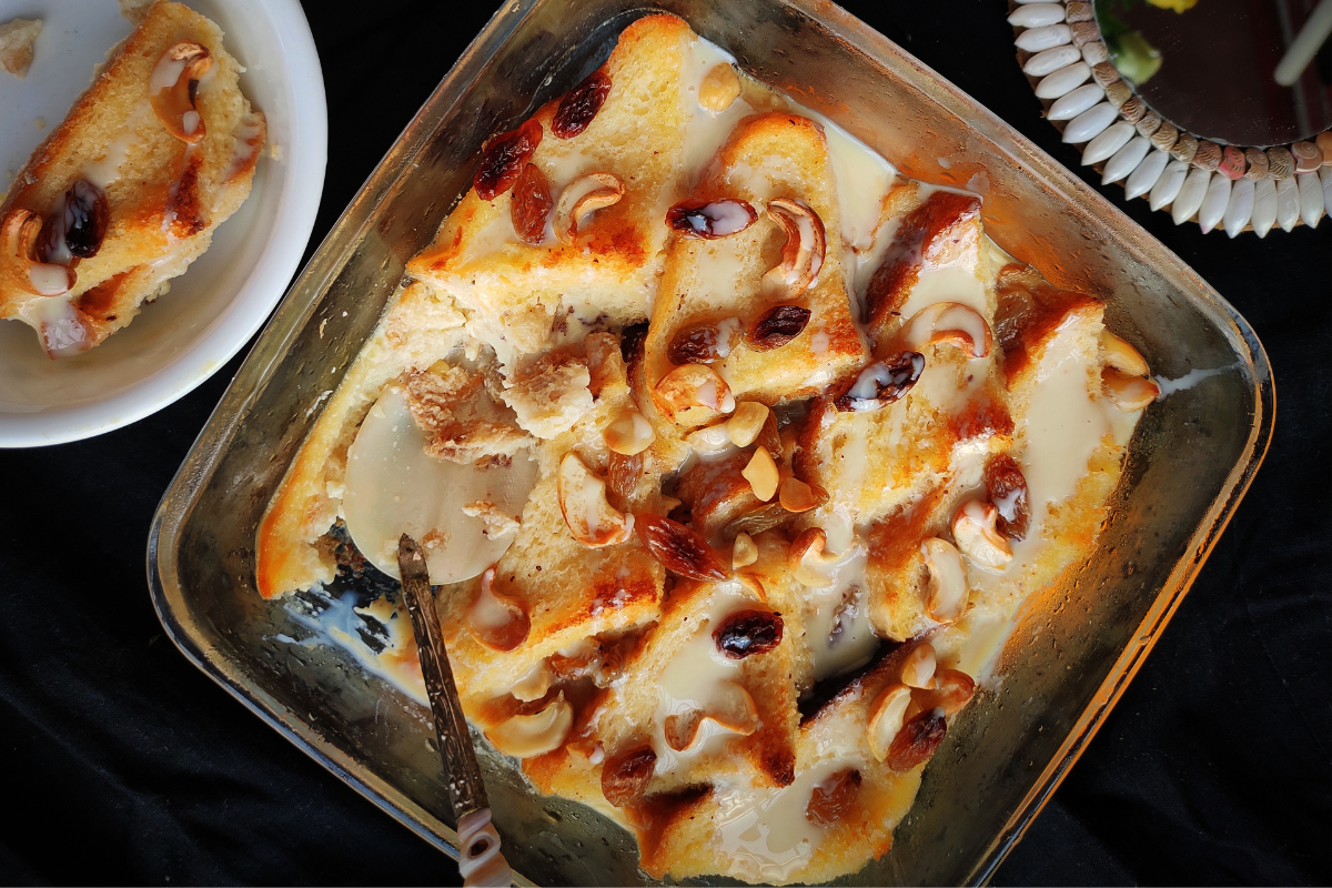 Bread and butter pudding with custard