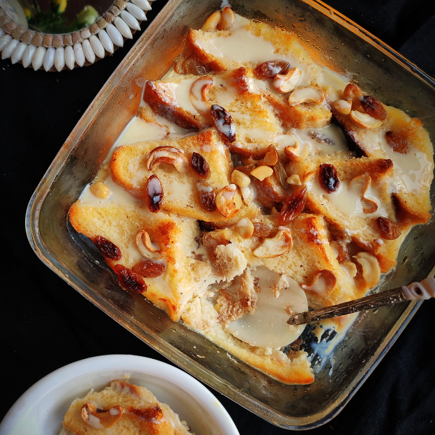 Bread and butter pudding with custard